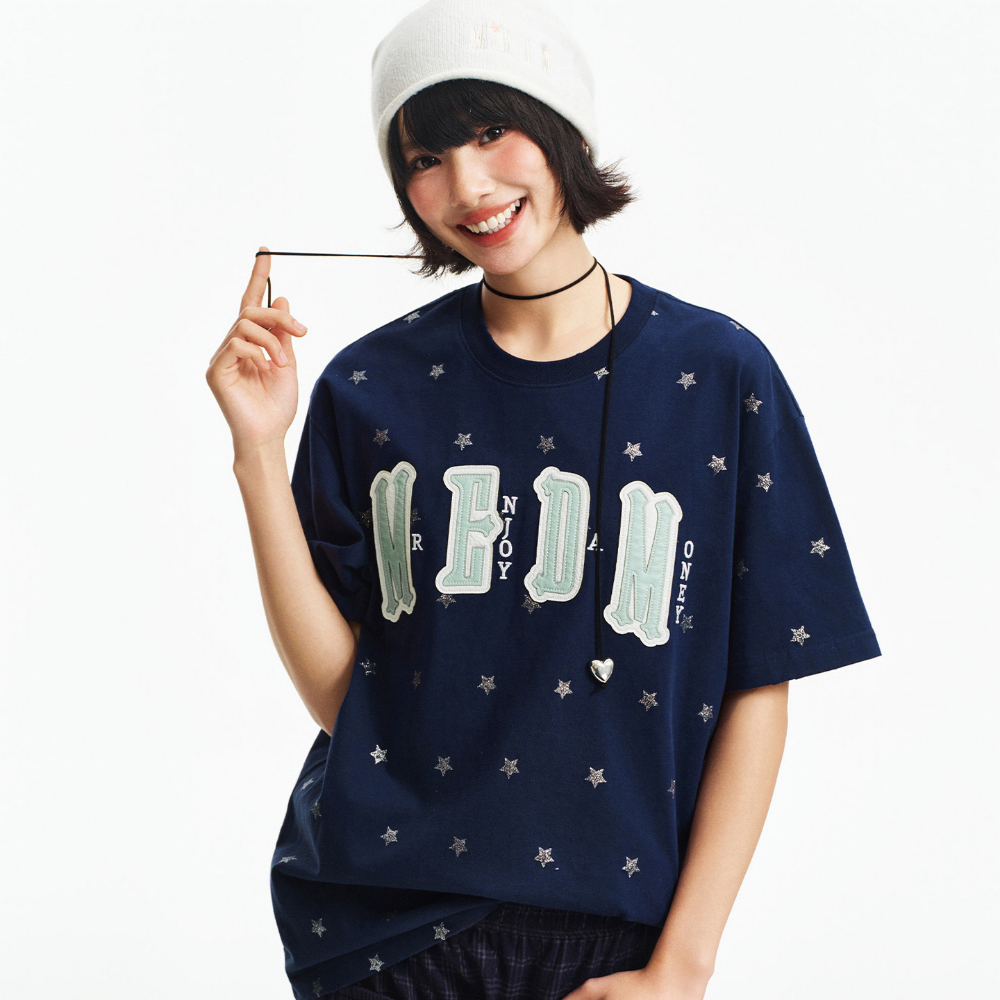 MEDM 闪粉小星星满印双层皮贴皮刺绣休闲圆领短袖潮流舒适宽松T恤