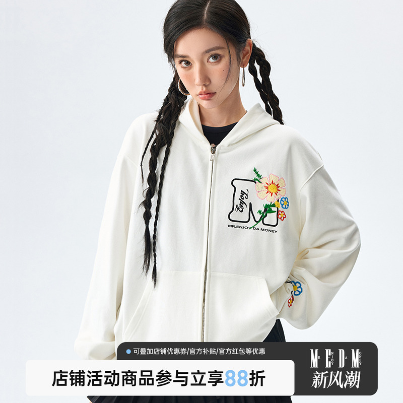 MEDM25SS锁链绣花朵大M拉链卫衣