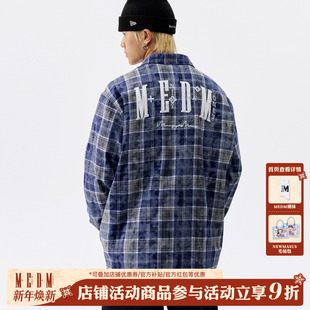 情侣衬衣秋季 MEDM 复古格纹长袖 美式 绒毛贴布钉珍珠休闲格子衬衫