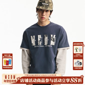 T恤美式 MEDM 假两件拼接华夫格休闲圆领长袖 嘻哈字母贴布宽松上衣