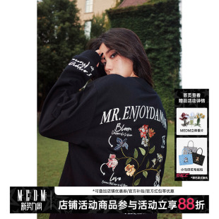 t恤男女潮牌宽松 圆领长袖 MEDM国潮秋季 花卉刺绣上衣服情侣套头衫
