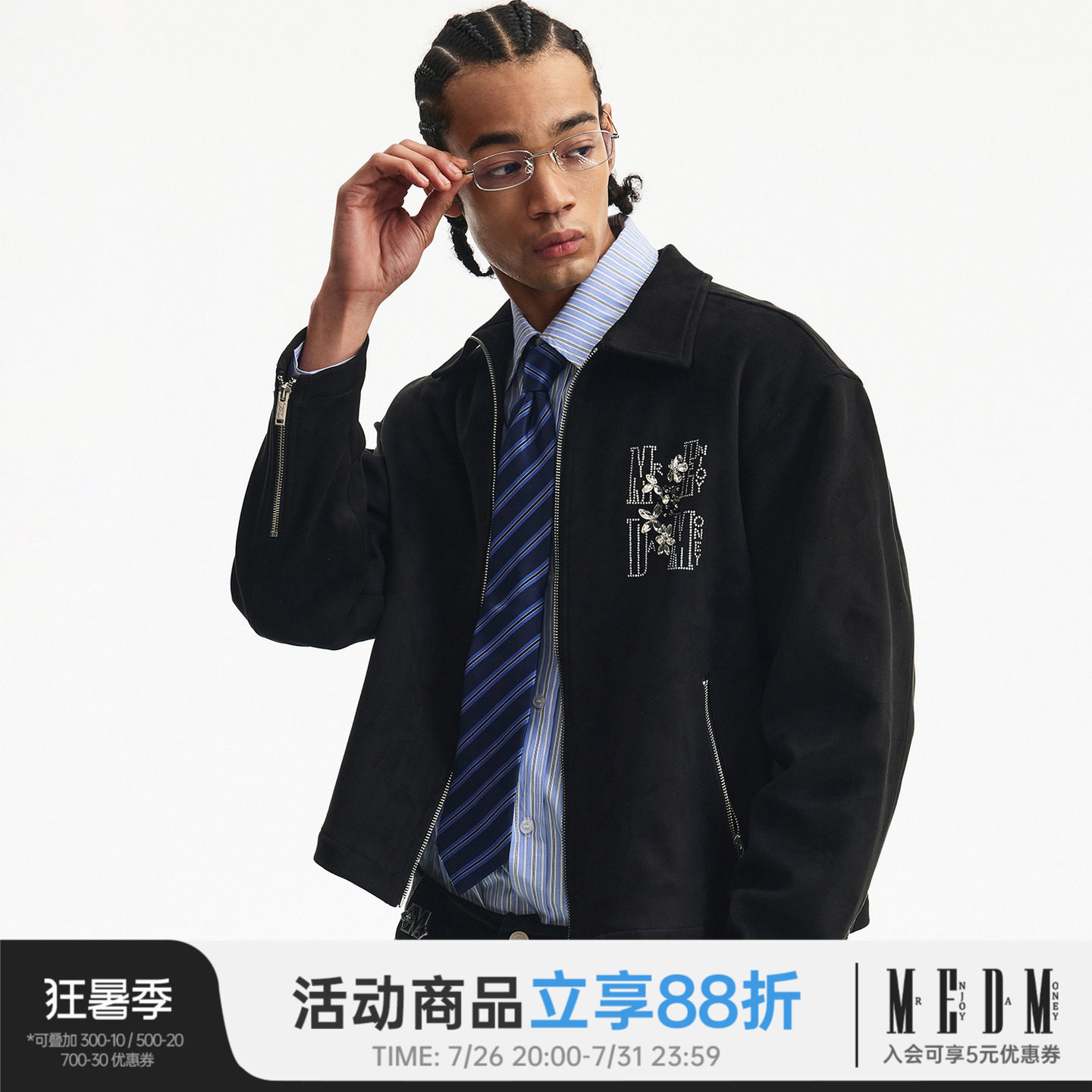MEDM 水晶宝石花麂皮休闲拉链夹克袖口拉链设计高级休闲翻领外套