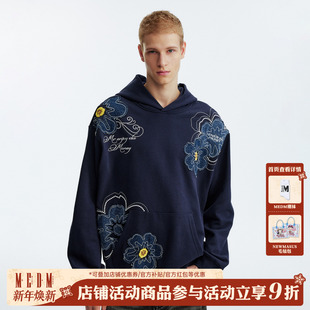 宽松套头帽衫 潮流男女同款 牛仔贴布花卉休闲连帽卫衣秋冬季 MEDM