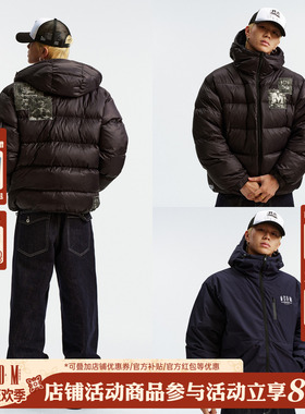 MEDM 90鸭绒双面穿印花logo保暖休闲连帽羽绒服冬季简约情侣外套