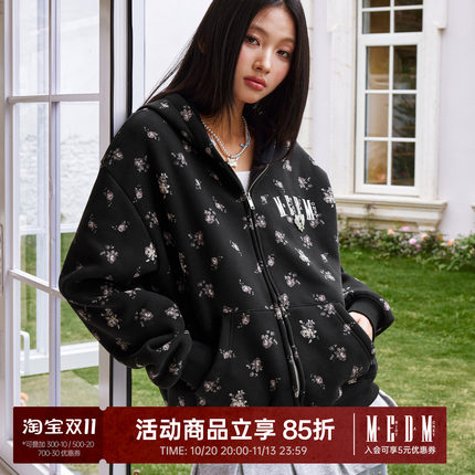 MEDM 花卉满印休闲拉链帽衫秋美式情侣宽松连帽开衫卫衣商场同款