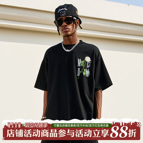 MEDM潮牌玫瑰花立体刺绣短袖