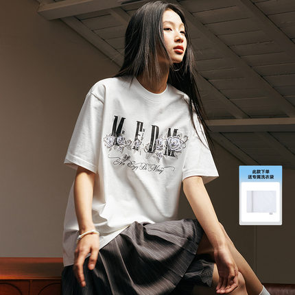 MEDM25SS冰凌玫瑰刺绣钉珠印花LOGO短袖男t恤美式复古夏季上衣潮