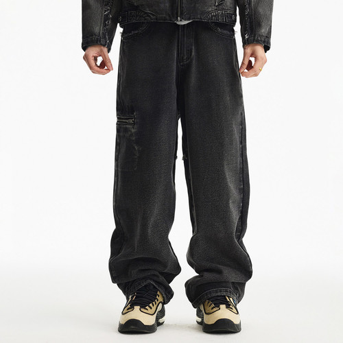 MEDM 结构毛边牛仔套装--裤子水洗做旧结构线设计休闲直筒长裤春