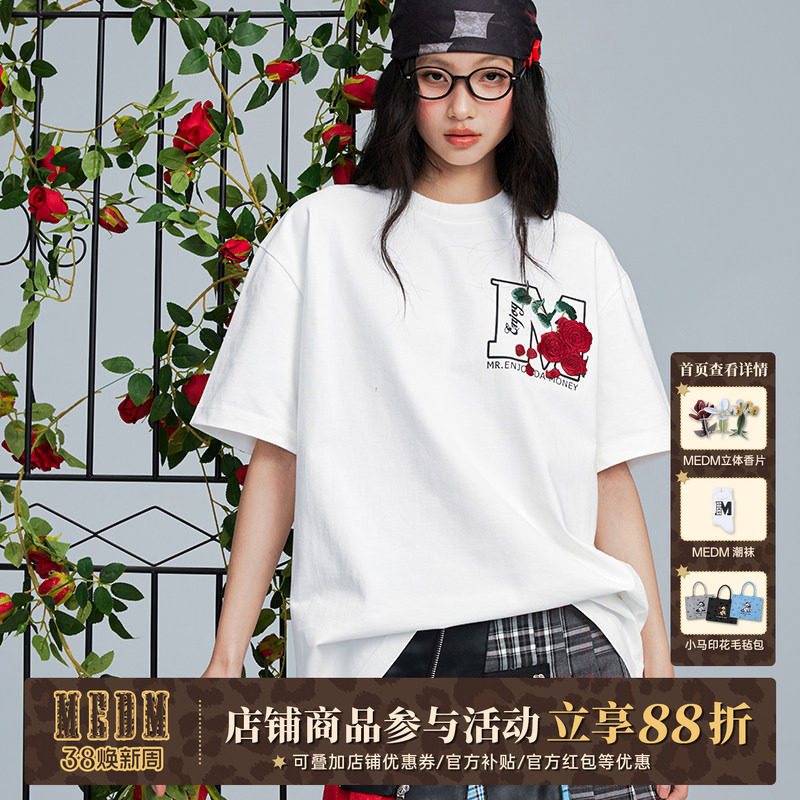 MEDM25SS大M玫瑰花卉短袖T恤男2025新款美式夏季上衣潮牌休闲体恤