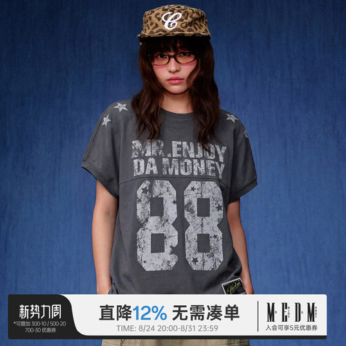 MEDM 橄榄球立体宽肩做旧休闲圆领T恤街头logo印花宽松情侣短袖夏