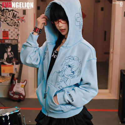 MEDMxEVA NEVER END系列人物线稿水洗做旧休闲拉链帽衫街头卫衣潮