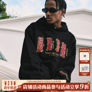 街头宽松情侣加绒帽衫 马毛贴皮四字连帽休闲卫衣美式 秋 新品 MEDM