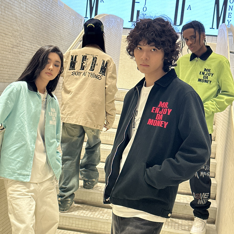 MEDM秋季潮牌拼皮底特律夹棉夹克男女情侣款美式复古休闲工装外套