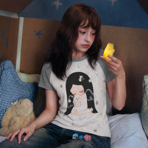 MEDM×Iria的信箱联名 守护小狗印花修身插肩休闲短袖圆领T恤女款