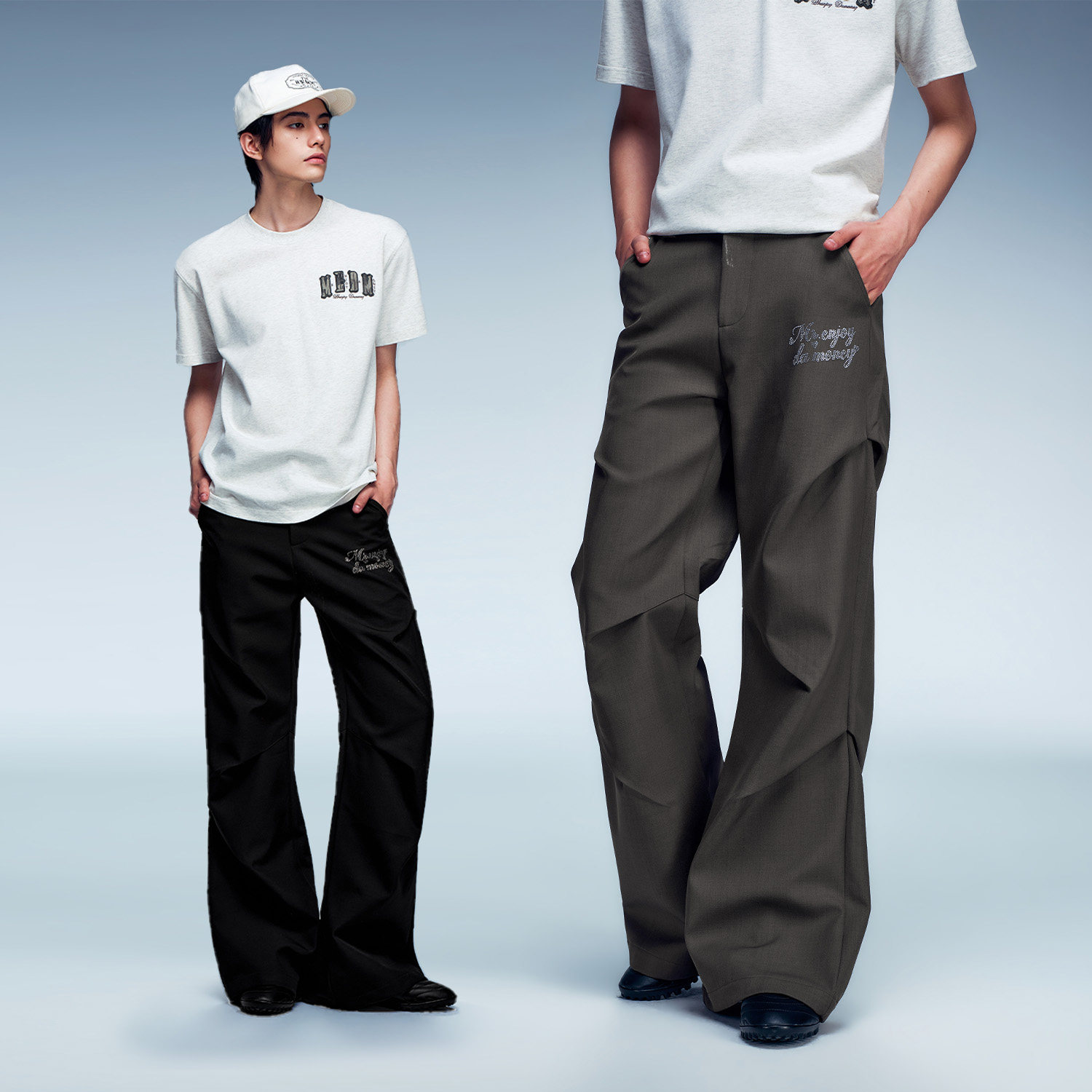 MEDM 烫钻logo打褶西裤男皮标潮穿搭个性设计感阔腿休闲裤女秋季