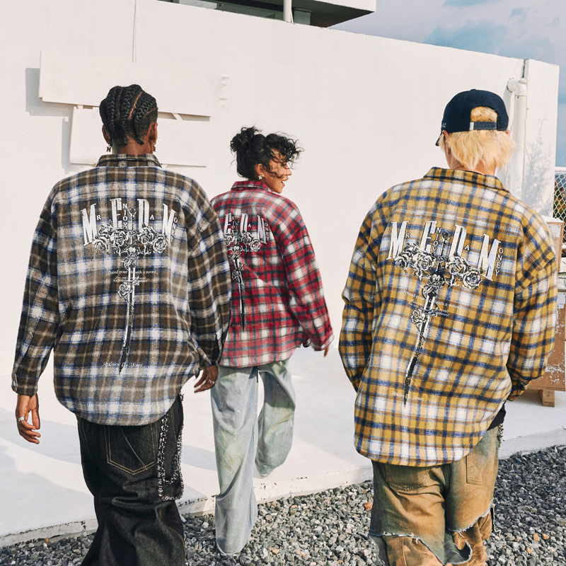 MEDM水洗玫瑰与剑格子衬衫