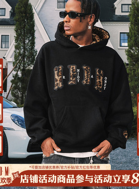 MEDM 帽里豹纹 双层皮毛豹纹休闲连帽卫衣美式套头情侣加绒外套男