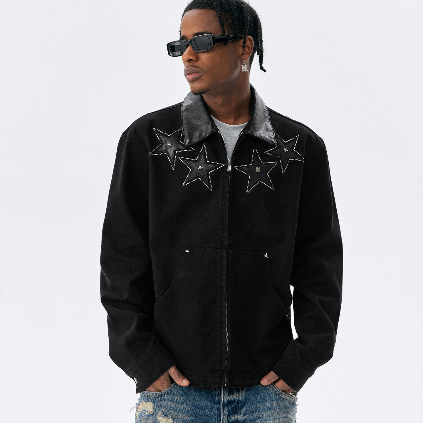 MEDM 星星铆钉贴皮烫转拼皮领底特律休闲夹克潮牌男女翻领外套秋