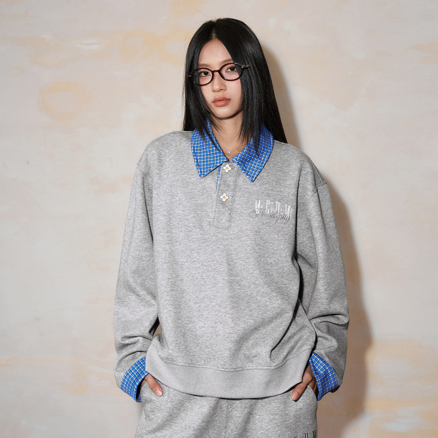 MEDM纯色双面拼格子休闲长袖