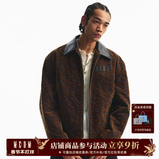 MEDM 皮翻领植绒豹纹牛仔休闲夹克秋冬美式贴布logo重工刺绣外套