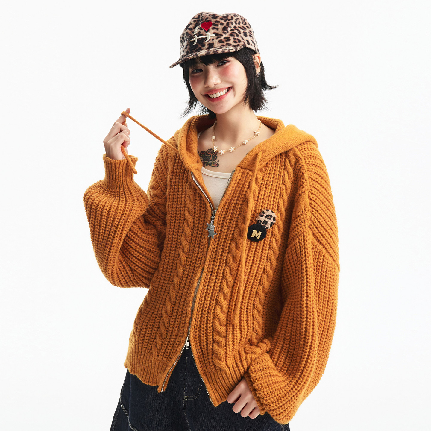 MEDM 麻花连帽抽绳双拉链保暖针织开衫男女时尚休闲连帽毛衣春秋