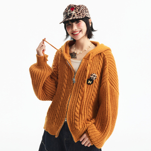 MEDM 麻花连帽抽绳双拉链保暖针织开衫男女时尚休闲连帽毛衣春秋