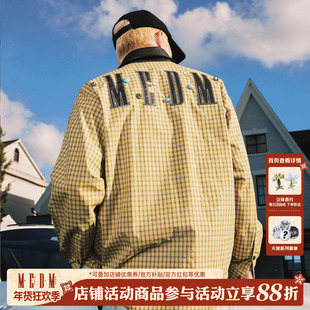 MEDM pu领子格子古铜扣子休闲衬衫早秋格纹复古宽松翻领情侣衬衣