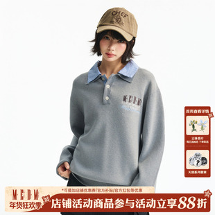 MEDM 双层领假两件套头休闲翻领毛衣男女老钱风刺绣logo针织衫春