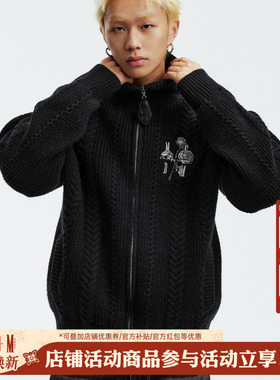 MEDM 粗坑条玫瑰花刺绣休闲保暖拉链毛衣美式男女高领针织衫外套