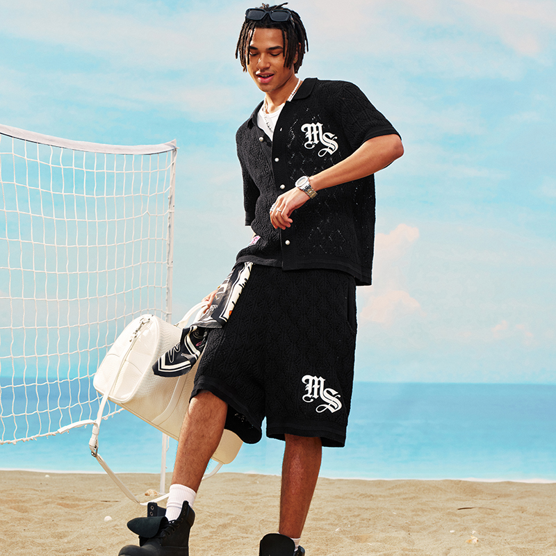 MEDM夏季网眼贴皮绣编织短裤