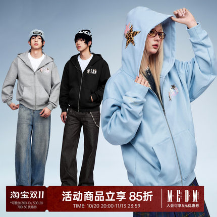 MEDM 贴布星星拉链开衫卫衣加绒潮牌复古休闲连帽外套男女同款秋