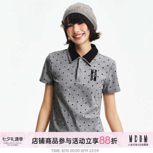MEDM 假两件波点刺绣宽松翻领短袖夏季新款复古学院风休闲T恤女款