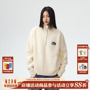 MEDM 黑白玫瑰花刺绣半拉链高领毛衣秋冬美式保暖内搭休闲针织衫