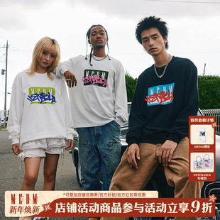 嘻哈复古休闲体恤宽松百搭套头上衣 潮牌美式 MEDMbox长袖 T恤男秋季
