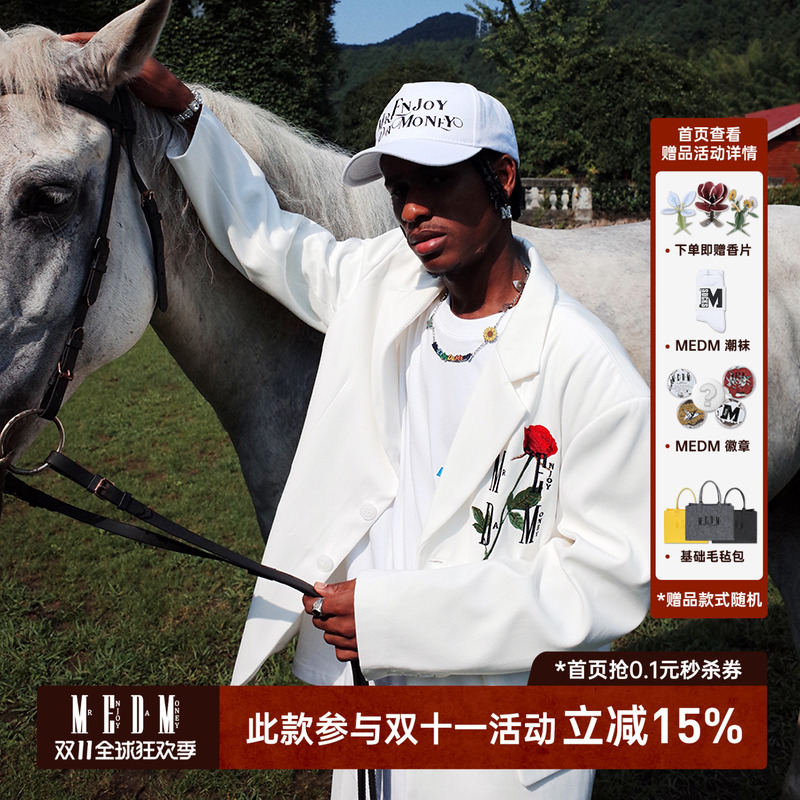 MEDM 潮牌秋季美式休闲西装外套男女情侣装玫瑰刺绣宽松西服上衣