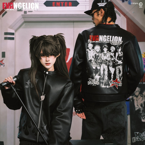 MEDMxEVA NEVER END系列人物群像火焰印花休闲拉链皮衣街头外套潮