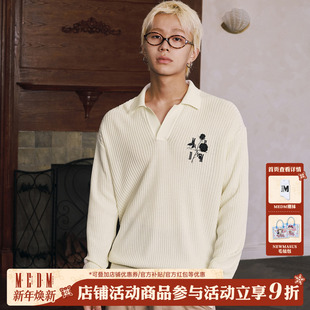 MEDM25SS刺绣玫瑰花图案长袖 百搭休闲上衣秋 老钱风翻领针织polo衫