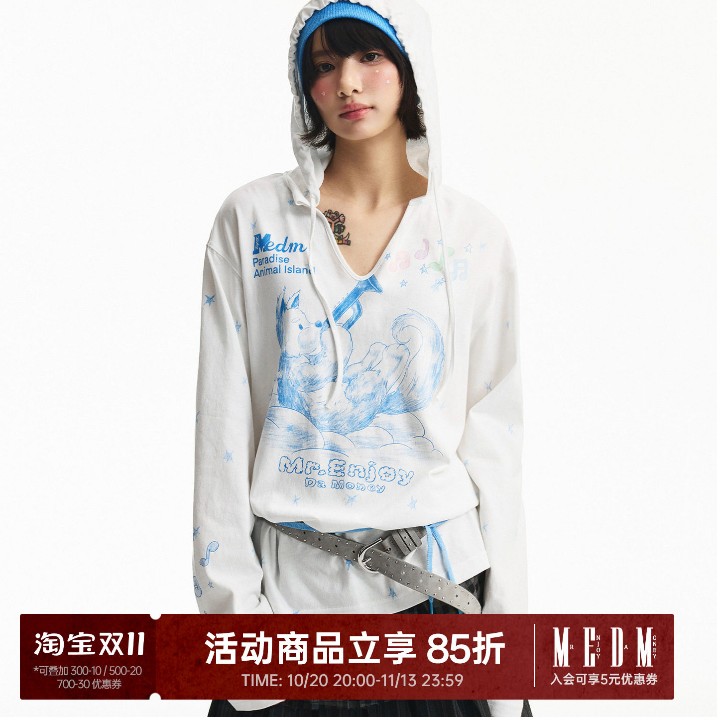MEDM 演奏乐器的天使狗狗图案印花轻薄休闲连帽T恤可爱风上衣女款