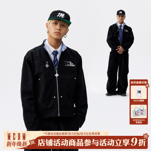 MEDM 街头百搭男女宽松翻领外套秋 纯色拼格纹休闲拉链夹克25新款