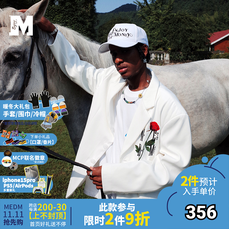 MEDM 潮牌秋季美式休闲西装外套男女情侣装玫瑰刺绣宽松西服上衣