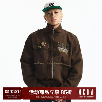 MEDM 双层贴皮毛边水洗休闲立领夹克春秋潮流拉链宽松牛仔外套男