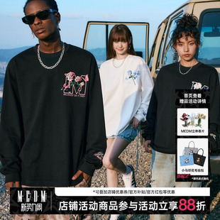 圆领百搭休闲情侣圆领上衣 T恤男女秋季 MEDM 折纸花卉刺绣宽松长袖