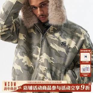 复古拉链棉服情侣外套男 美式 MEDM 迷彩毛领毛绒保暖休闲棉衣冬季