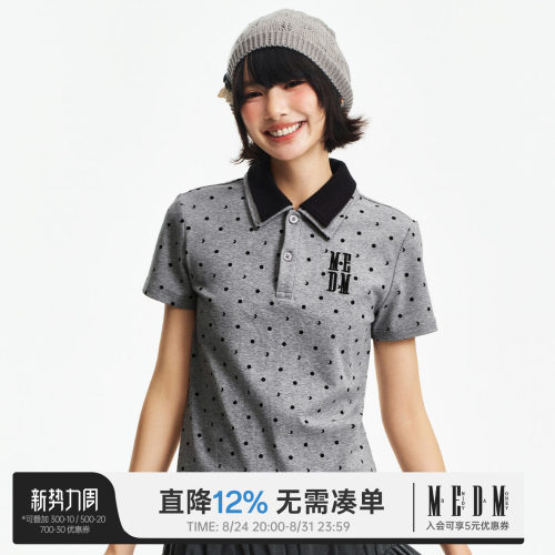 MEDM 假两件波点刺绣宽松翻领短袖夏季新款复古学院风休闲T恤女款