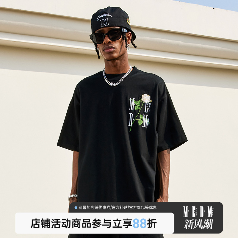 MEDM潮牌玫瑰花立体刺绣短袖