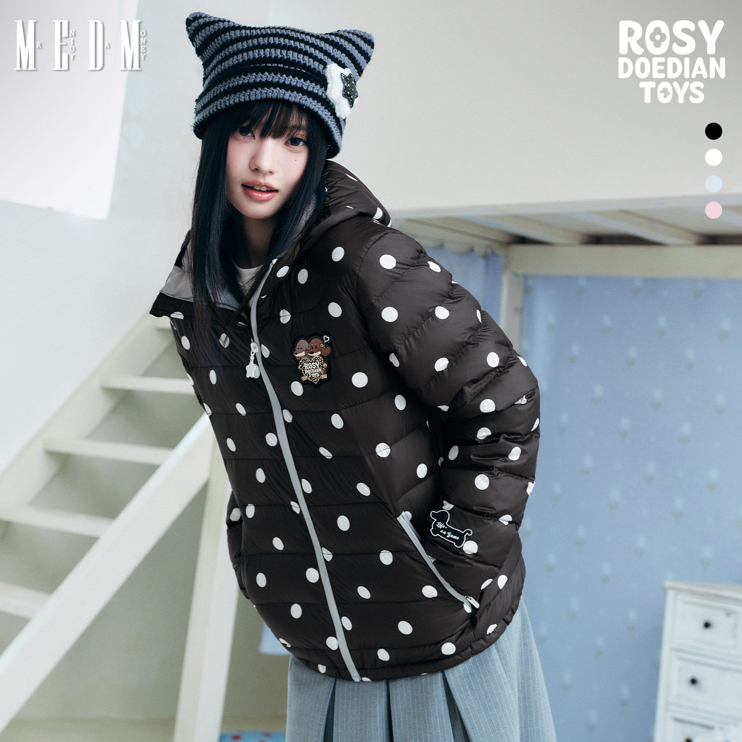 MEDM×ROSYDOEDIANTOYS联名-波点轻薄羽绒服撞色保暖连帽外套秋冬