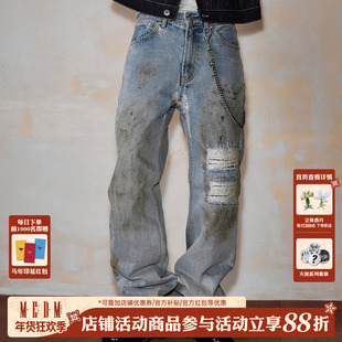 MEDM 水洗磨破贴布民族风休闲牛仔长裤潮牌街头宽松直筒破洞裤秋