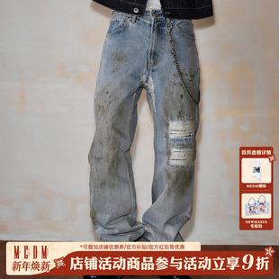 秋 潮牌街头宽松直筒破洞裤 MEDM 水洗磨破贴布民族风休闲牛仔长裤