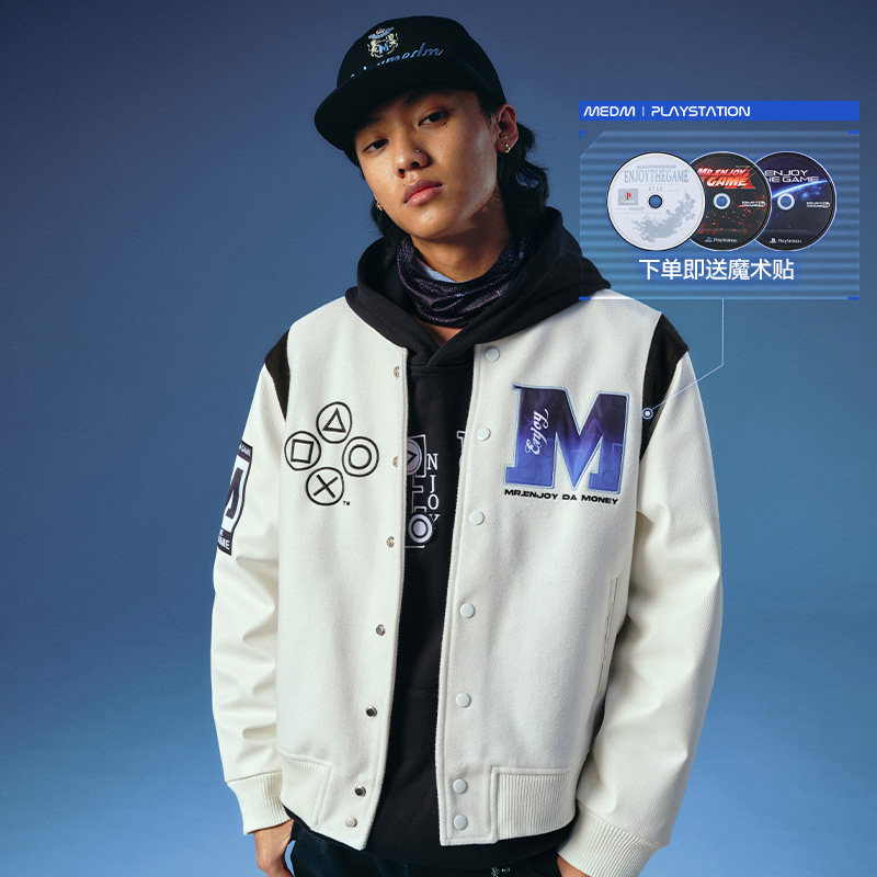 MEDMxPlayStation联名游戏魔术贴光盘棒球服夹克男冬季美式外套潮