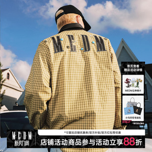 MEDM 早秋格纹复古宽松翻领情侣衬衣 pu领子格子古铜扣子休闲衬衫